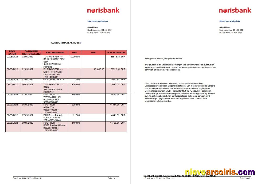 Germany Norisbank statement on Deutsch, 2 pages